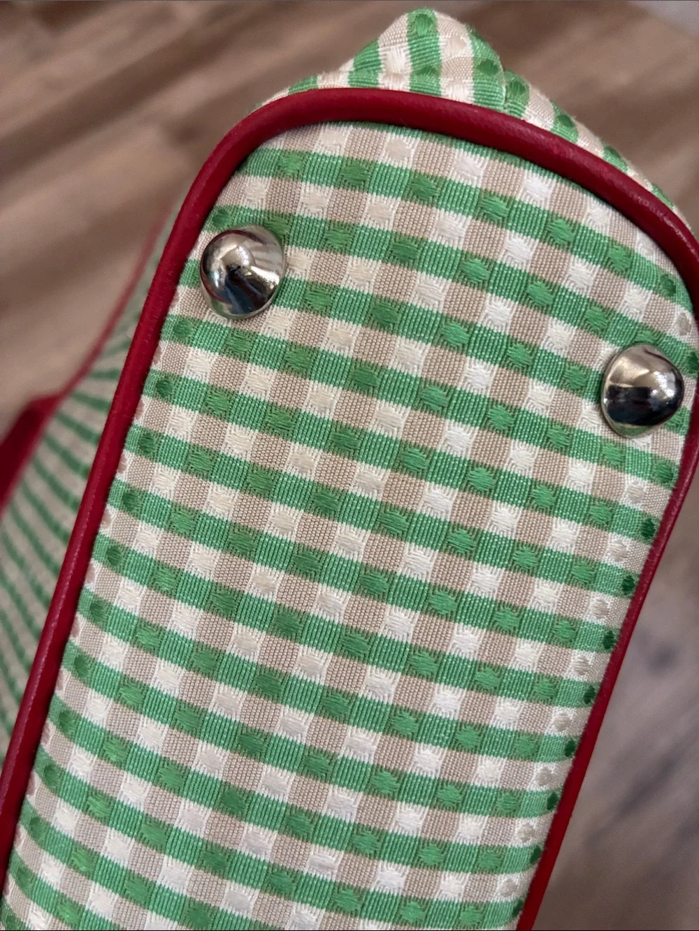VINTAGE Isabella Fiore Red Leather&Green Gingham Bag w/ Floral&Fruit Embroidery